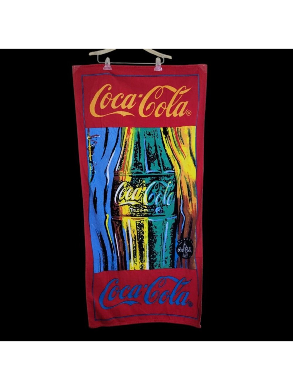 Vtg 1995 Coca Cola Beach Towel Red Multicolor Glass Bottle Cotton Terrycloth